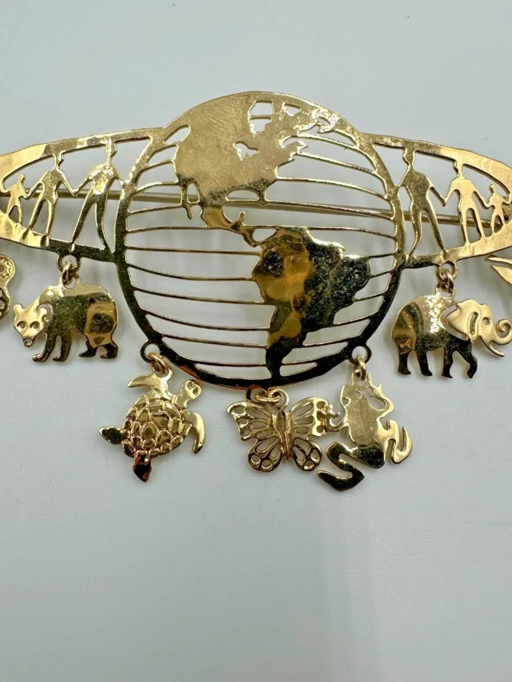 Vintage Wild Bryde Earth Brooch Gold Tone Animal Dangle Elephant Owl Turtle